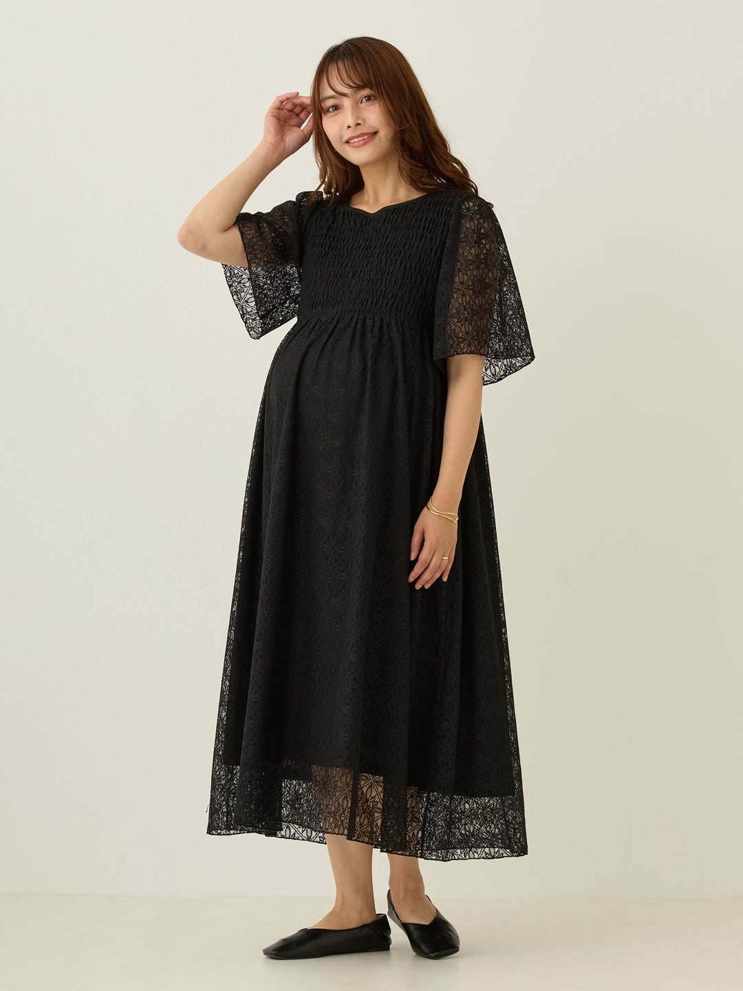 2wayシャーリングレースワンピース Black