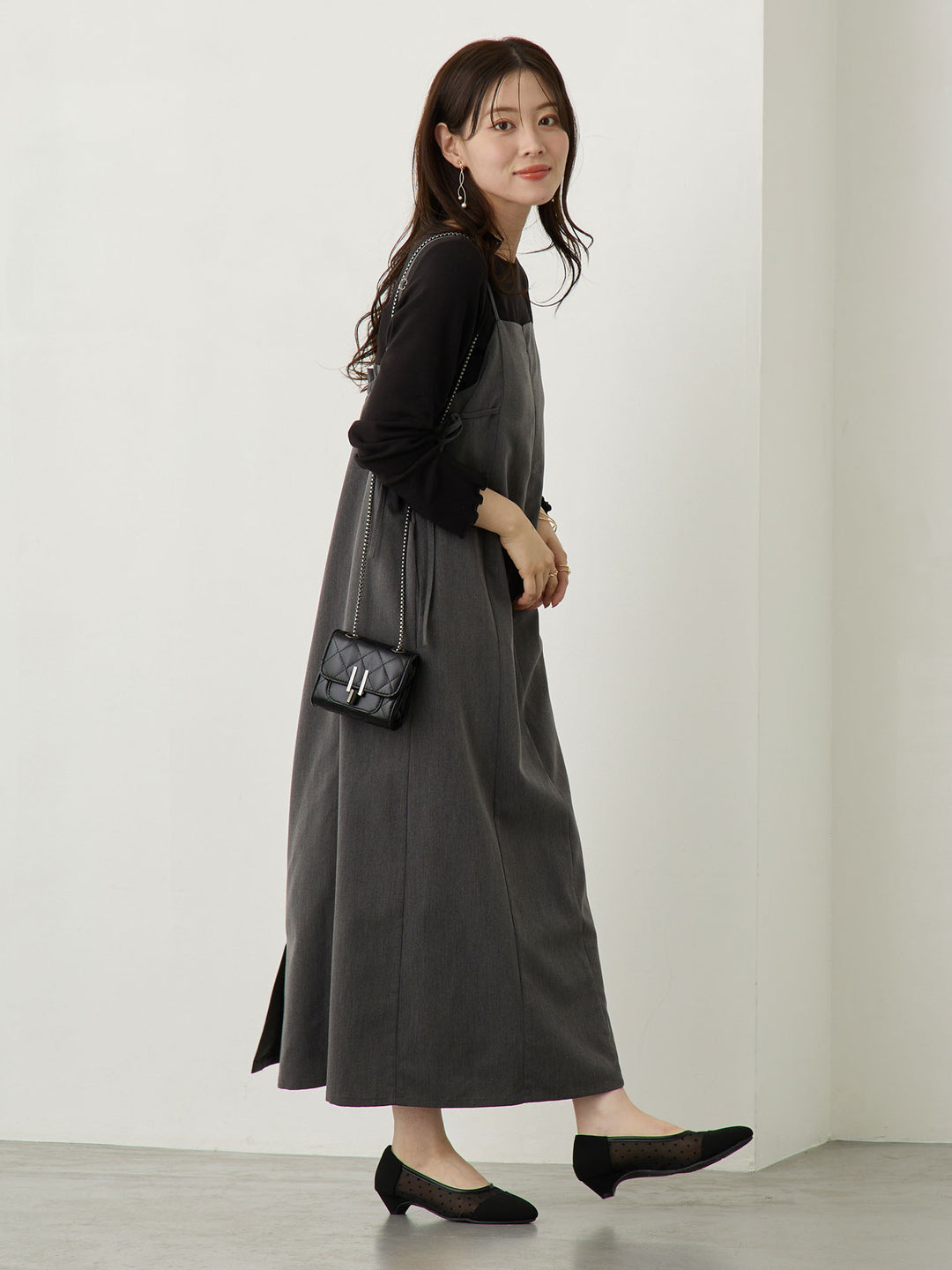Side Ribbon Cami Dress Black