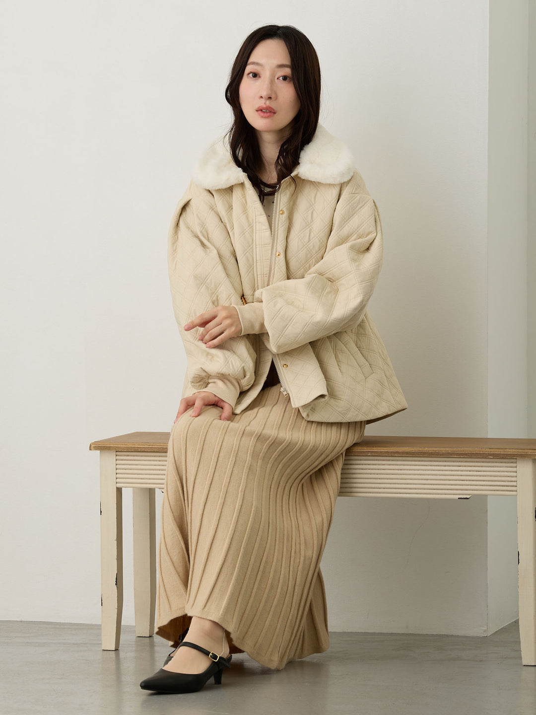 ダッカー付き衿ファーアウター Beige