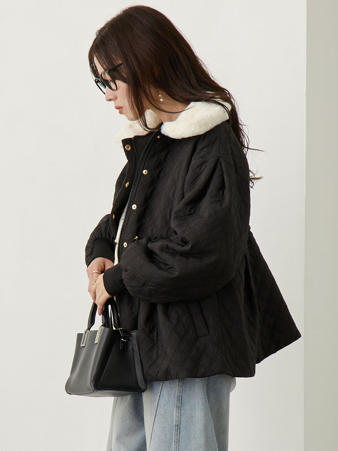 ダッカー付き衿ファーアウター Black
