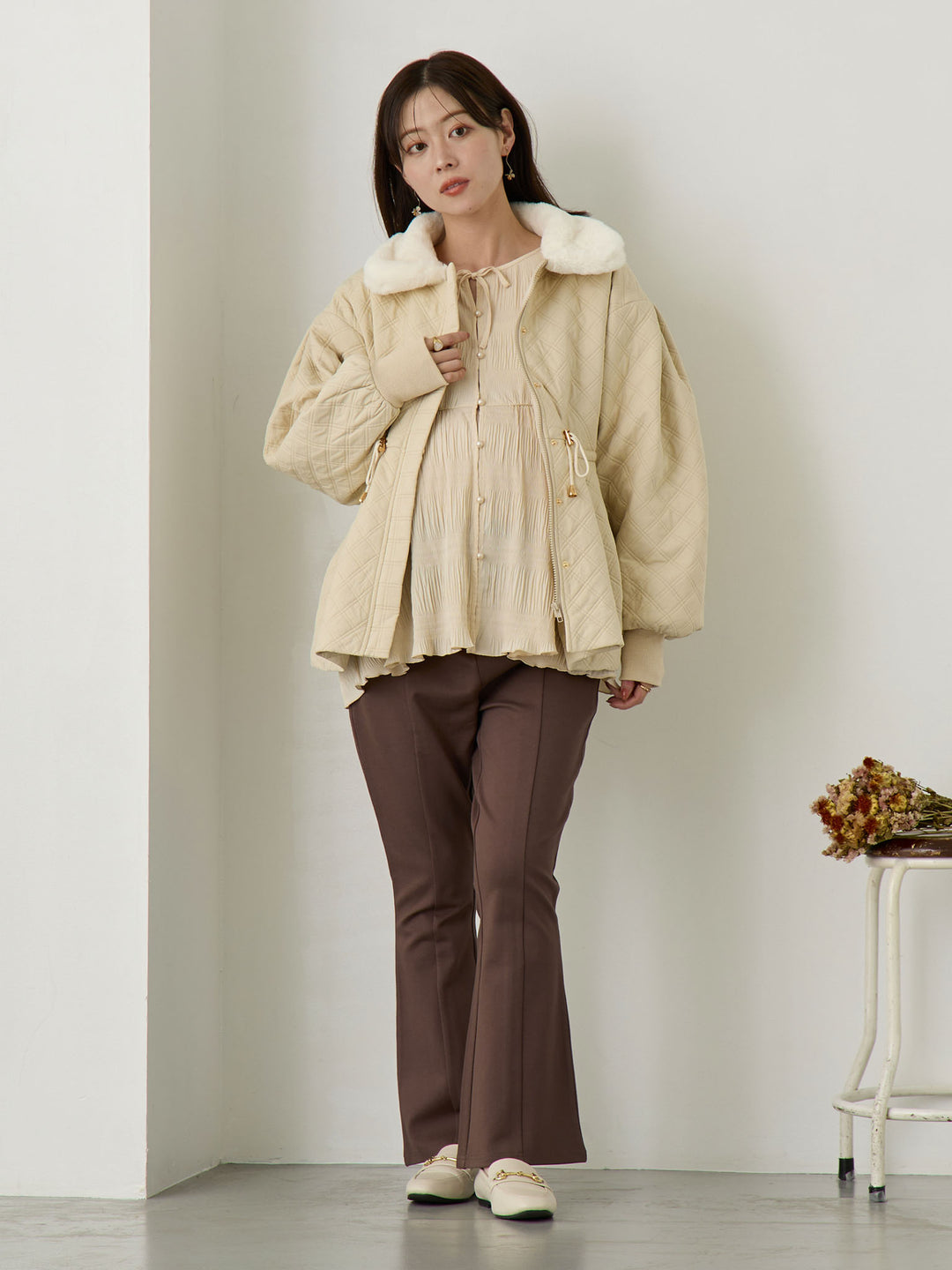 ダッカー付き衿ファーアウター Beige