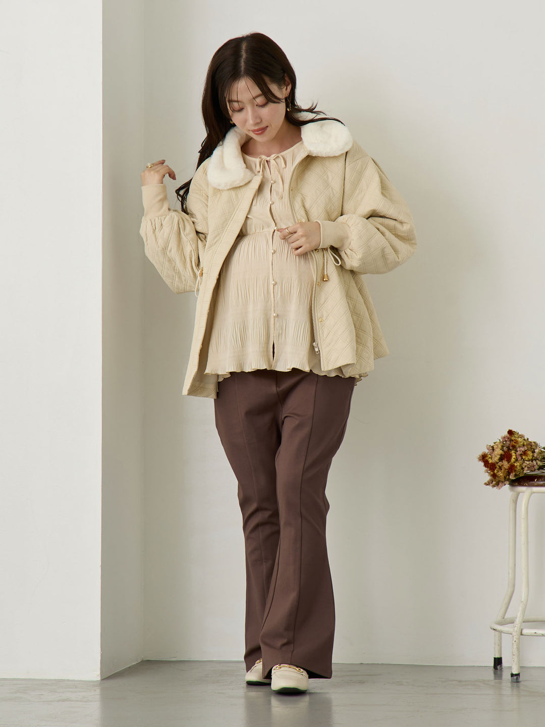 ダッカー付き衿ファーアウター Beige