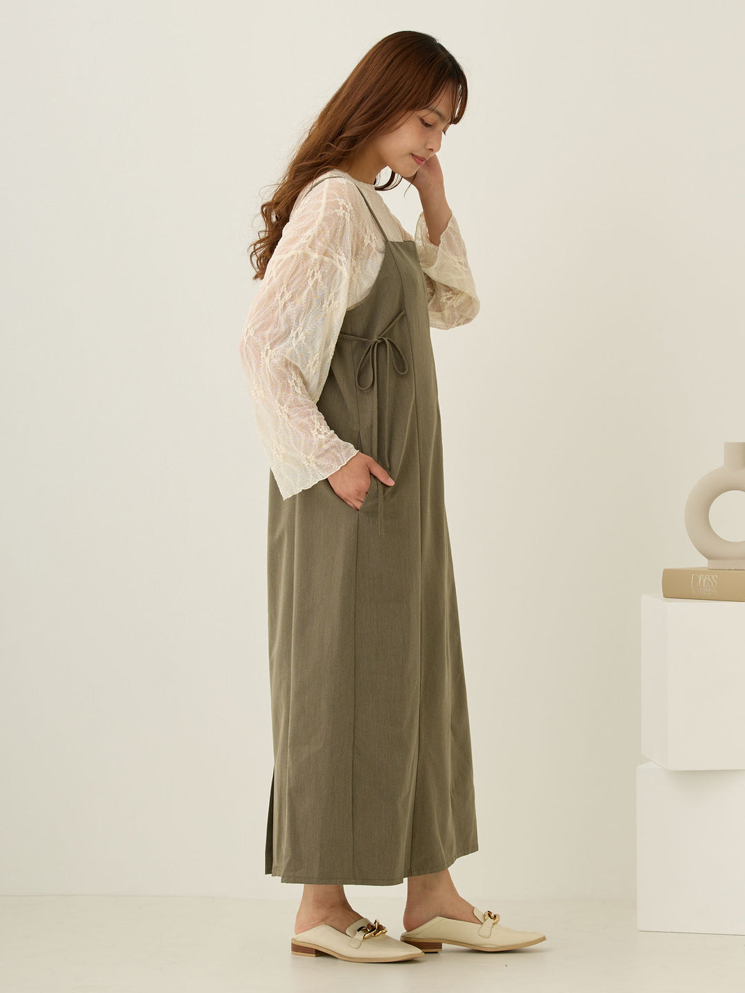 Side Ribbon Cami Dress Khaki