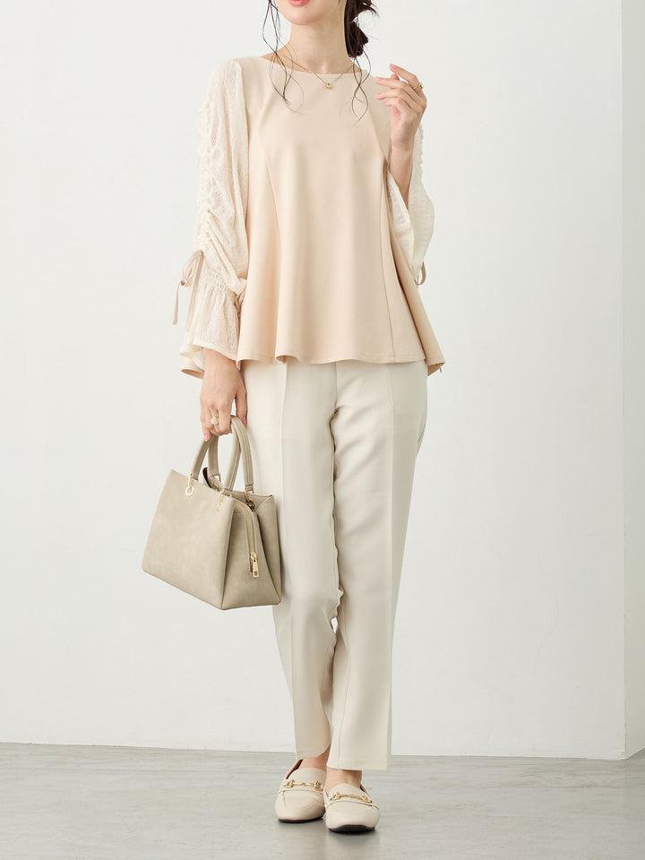 シャーリング袖レーストップス Beige