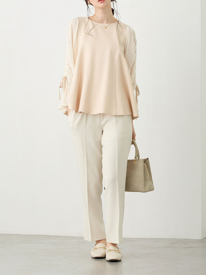 シャーリング袖レーストップス Beige
