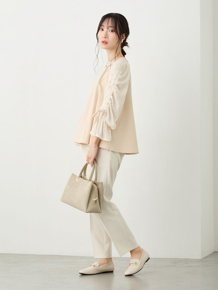 シャーリング袖レーストップス Beige