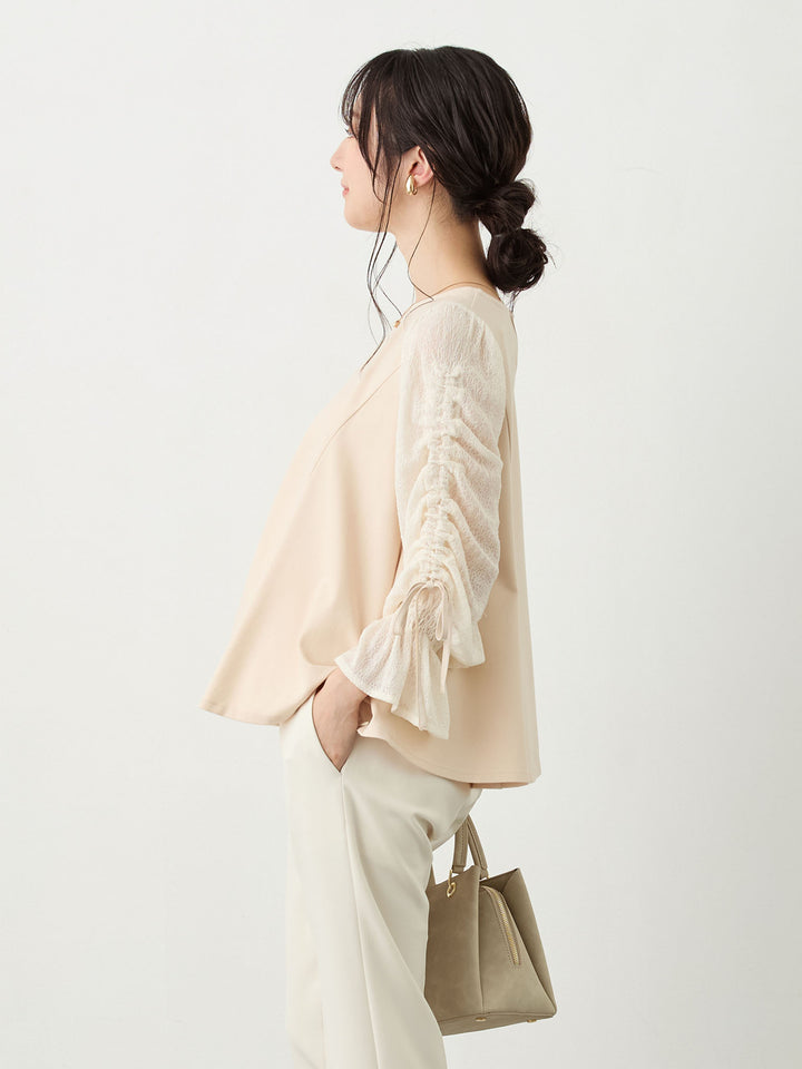 シャーリング袖レーストップス Beige