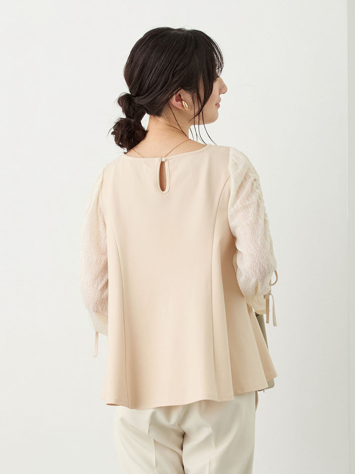 シャーリング袖レーストップス Beige