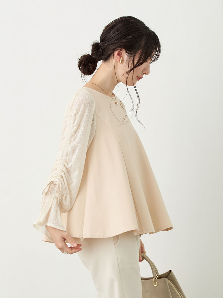 シャーリング袖レーストップス Beige