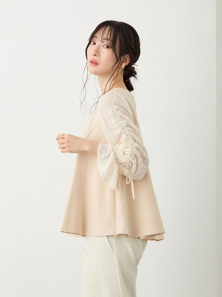 シャーリング袖レーストップス Beige