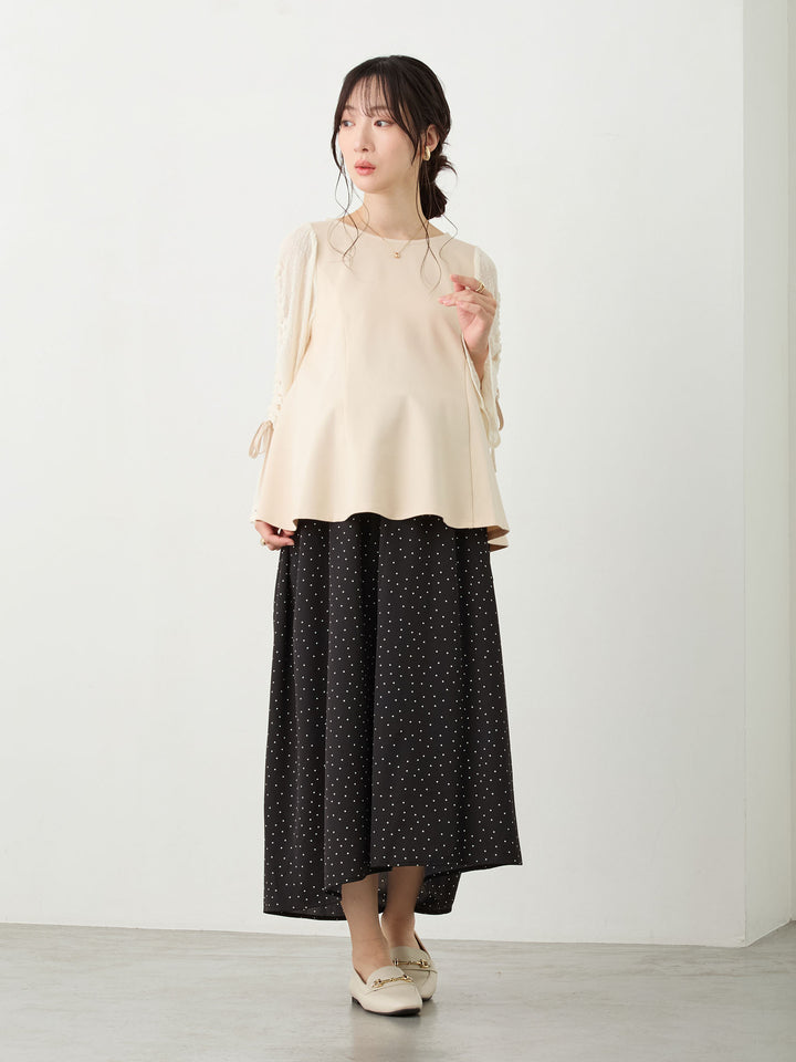 シャーリング袖レーストップス Beige