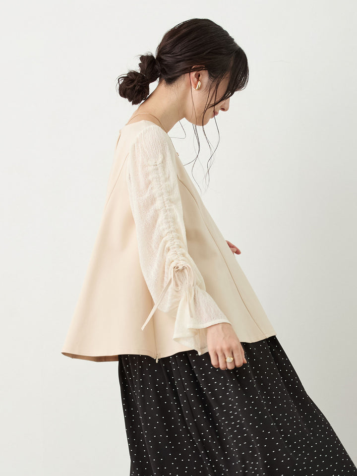 シャーリング袖レーストップス Beige