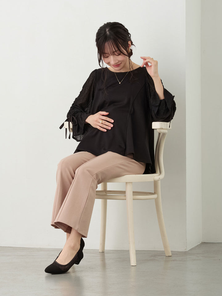 シャーリング袖レーストップス Black