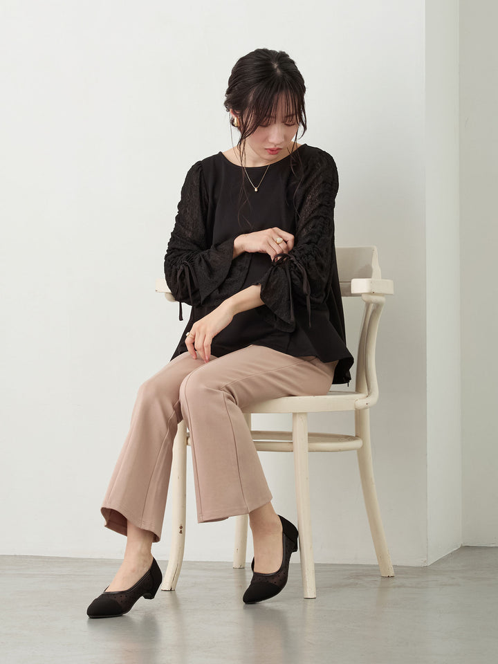 シャーリング袖レーストップス Black