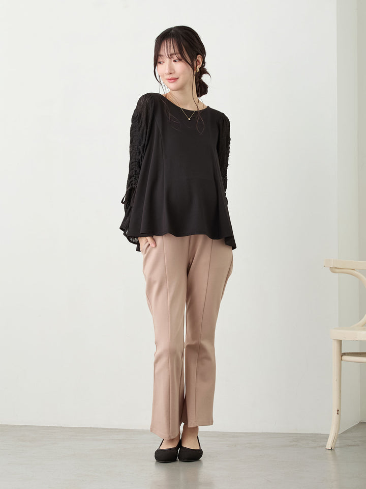 シャーリング袖レーストップス Black