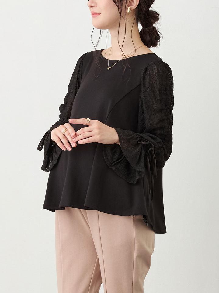 シャーリング袖レーストップス Black