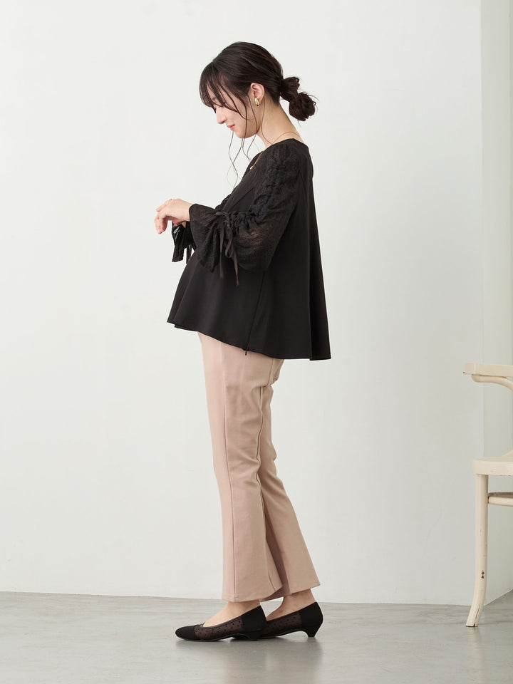 シャーリング袖レーストップス Black