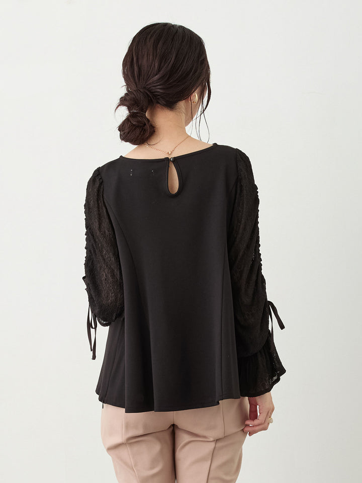シャーリング袖レーストップス Black