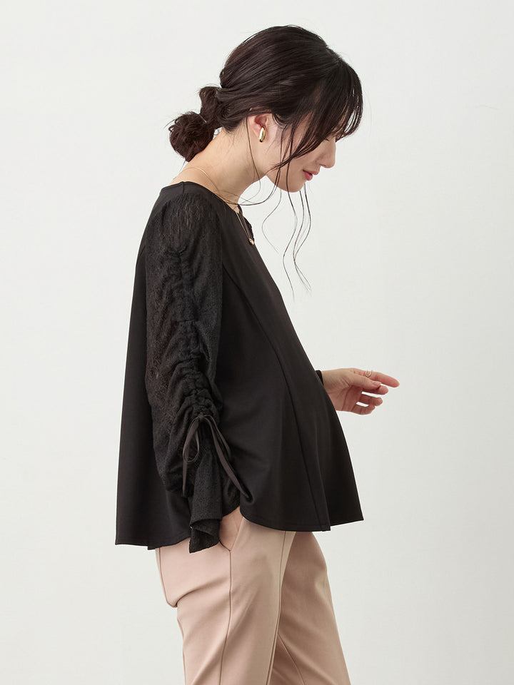 シャーリング袖レーストップス Black