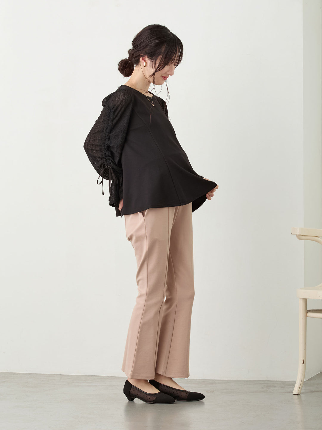 シャーリング袖レーストップス Black