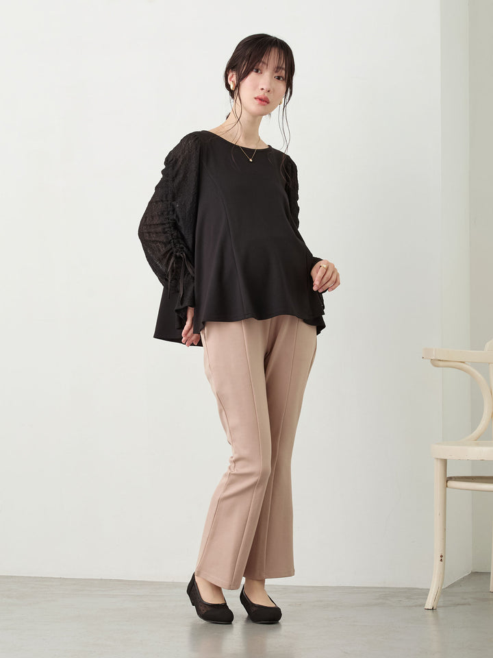 シャーリング袖レーストップス Black