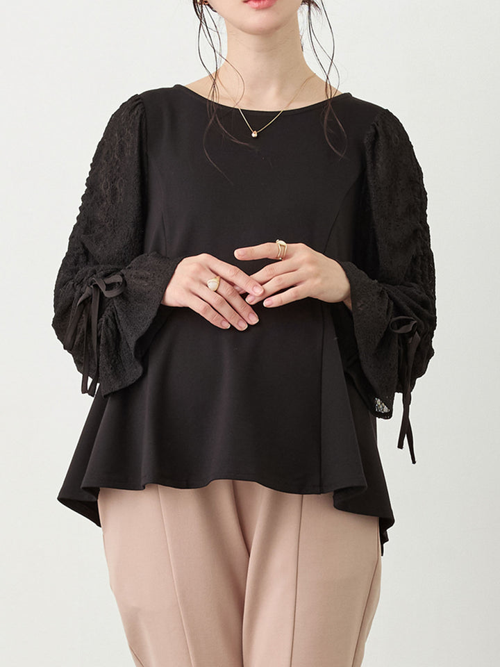シャーリング袖レーストップス Black