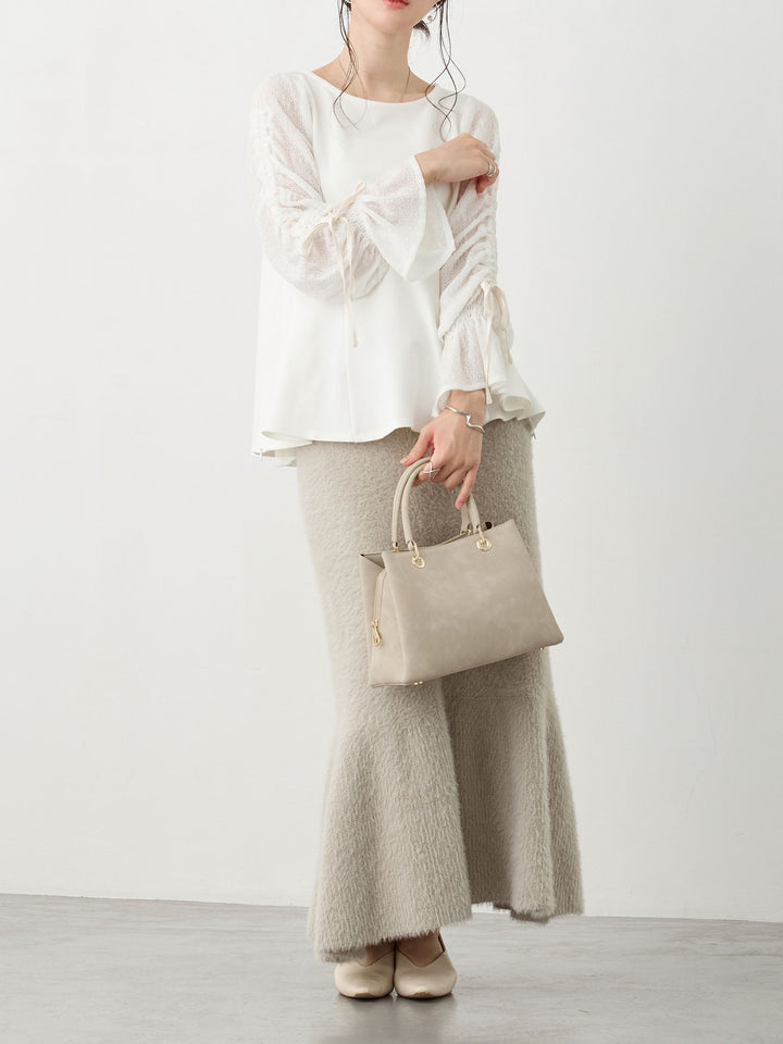 シャーリング袖レーストップス White