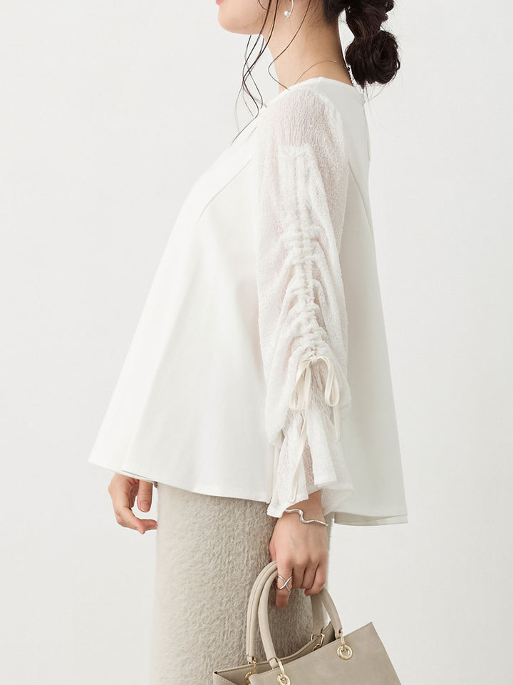 シャーリング袖レーストップス White