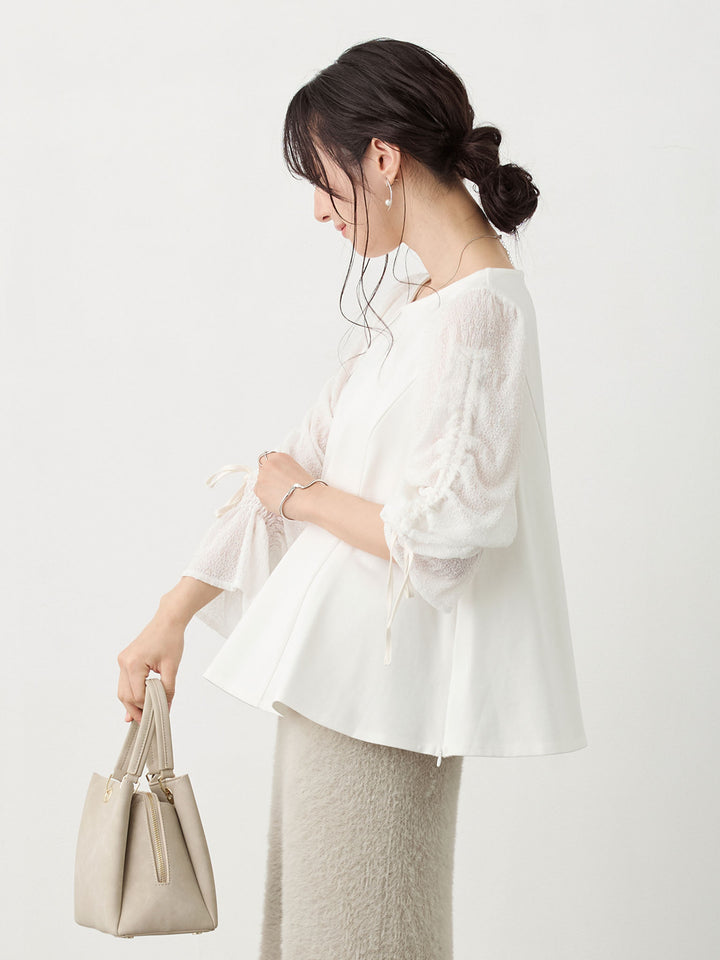 シャーリング袖レーストップス White