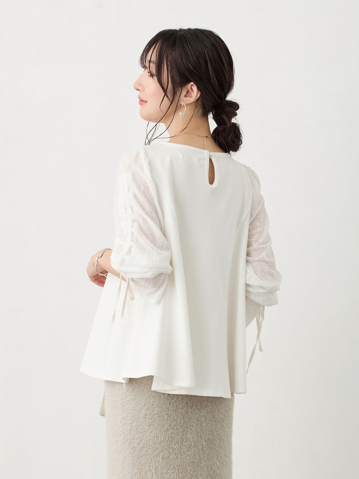 シャーリング袖レーストップス White