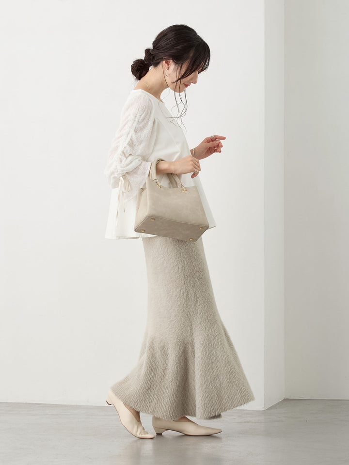 シャーリング袖レーストップス White