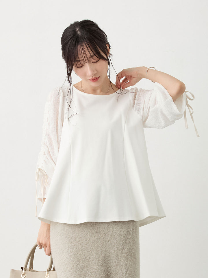 シャーリング袖レーストップス White