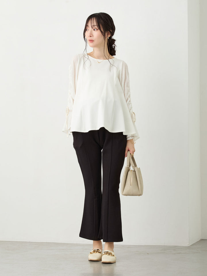 シャーリング袖レーストップス White