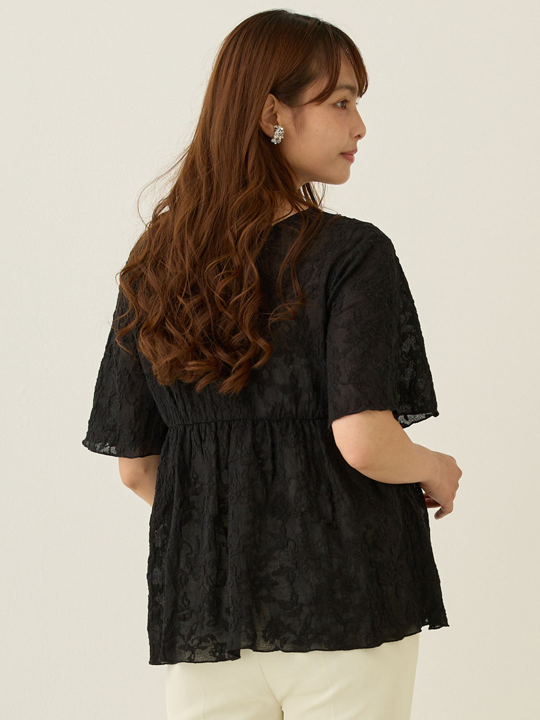 フラワージャガード半袖トップス Black