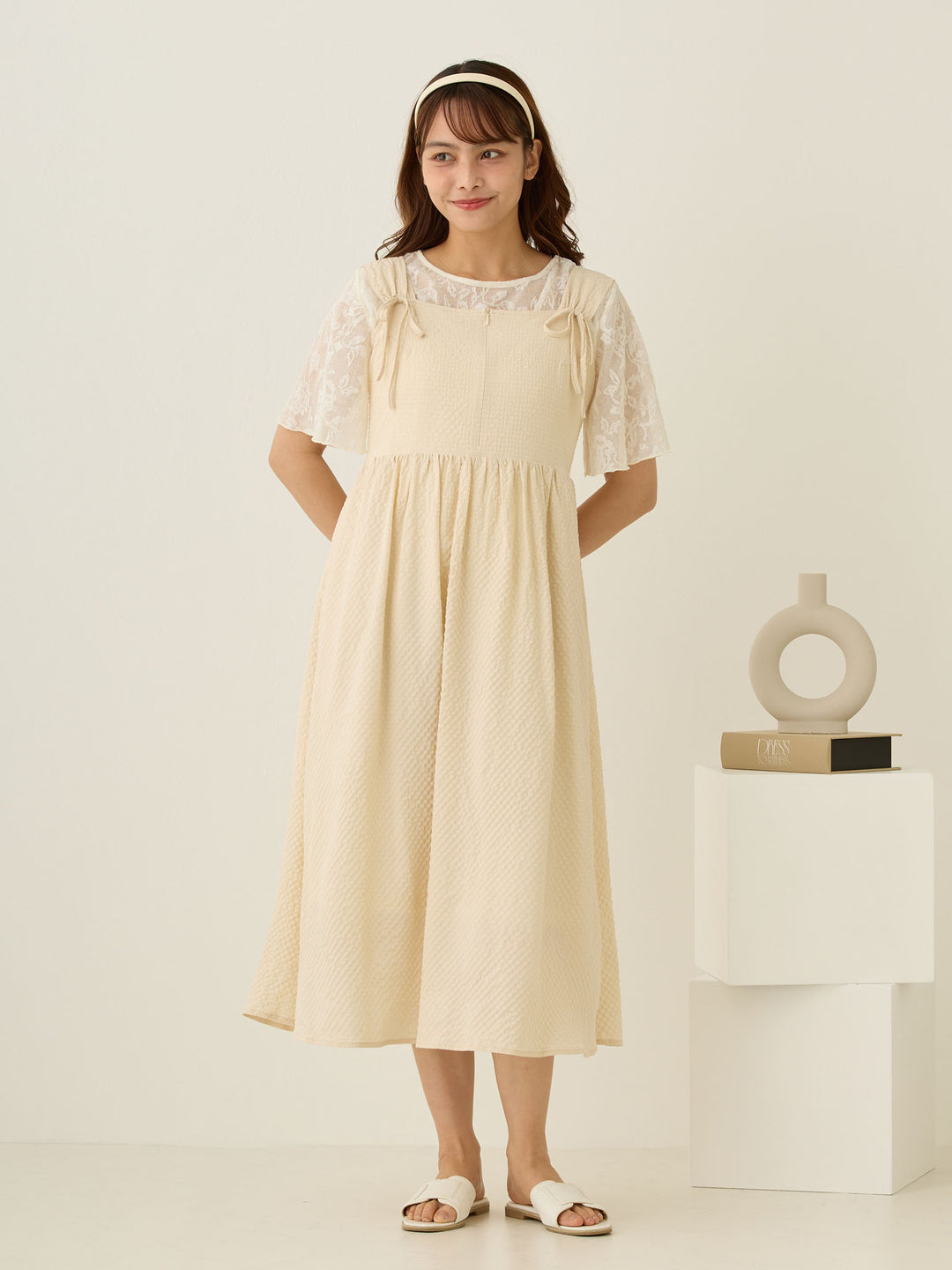フラワージャガード半袖トップス Ivory