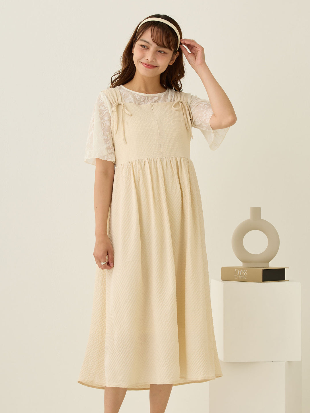 リボン付きジャンパースカート Ivory