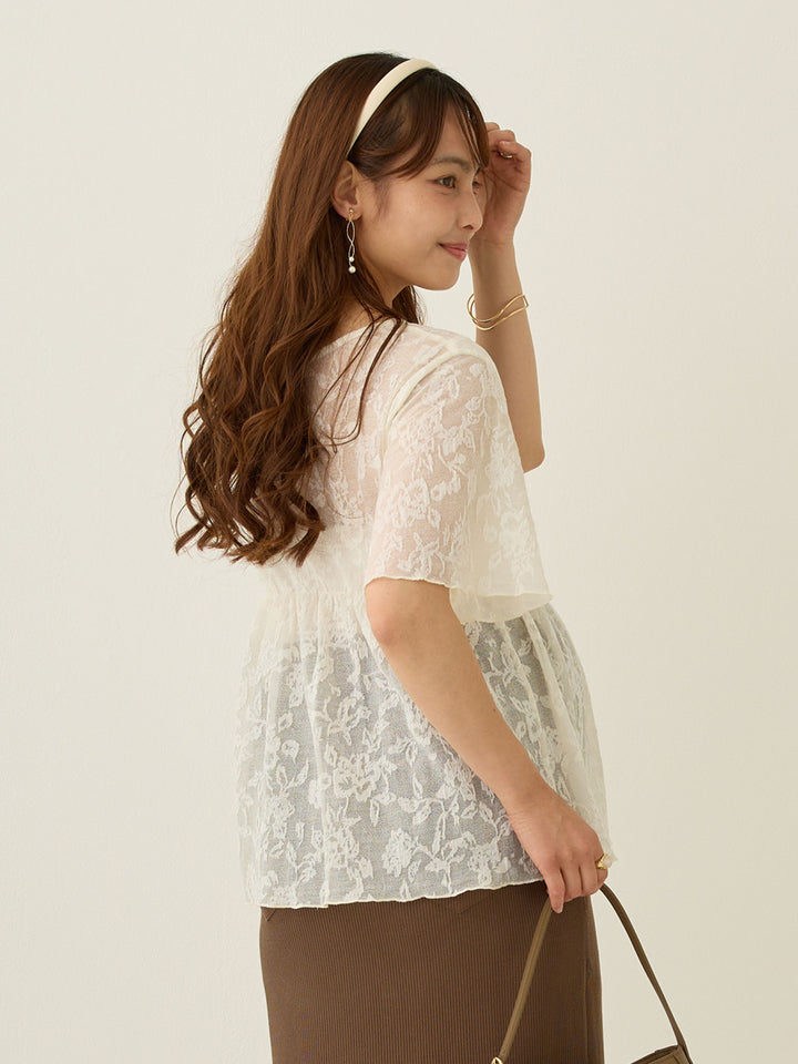 フラワージャガード半袖トップス Ivory