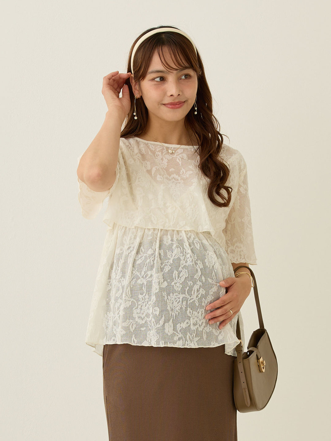 フラワージャガード半袖トップス Ivory