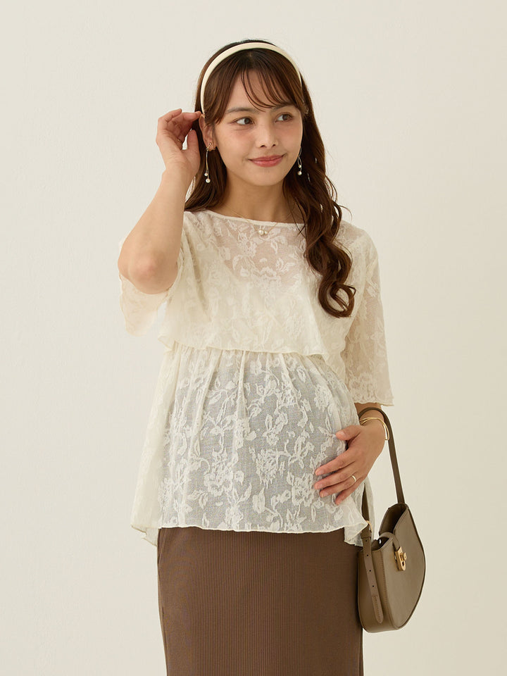 フラワージャガード半袖トップス Ivory