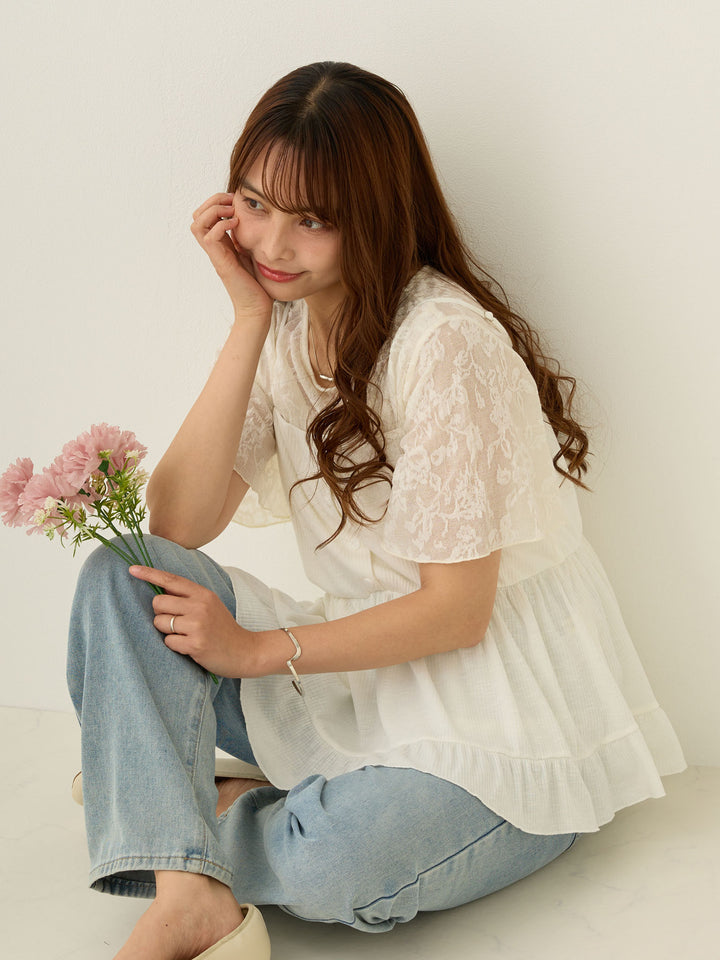 フラワージャガード半袖トップス Ivory