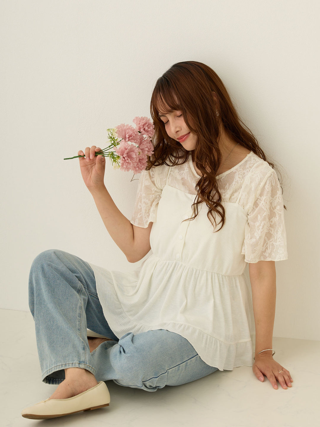 フラワージャガード半袖トップス Ivory