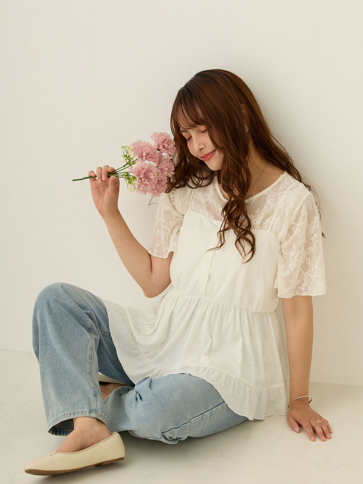 フラワージャガード半袖トップス Ivory