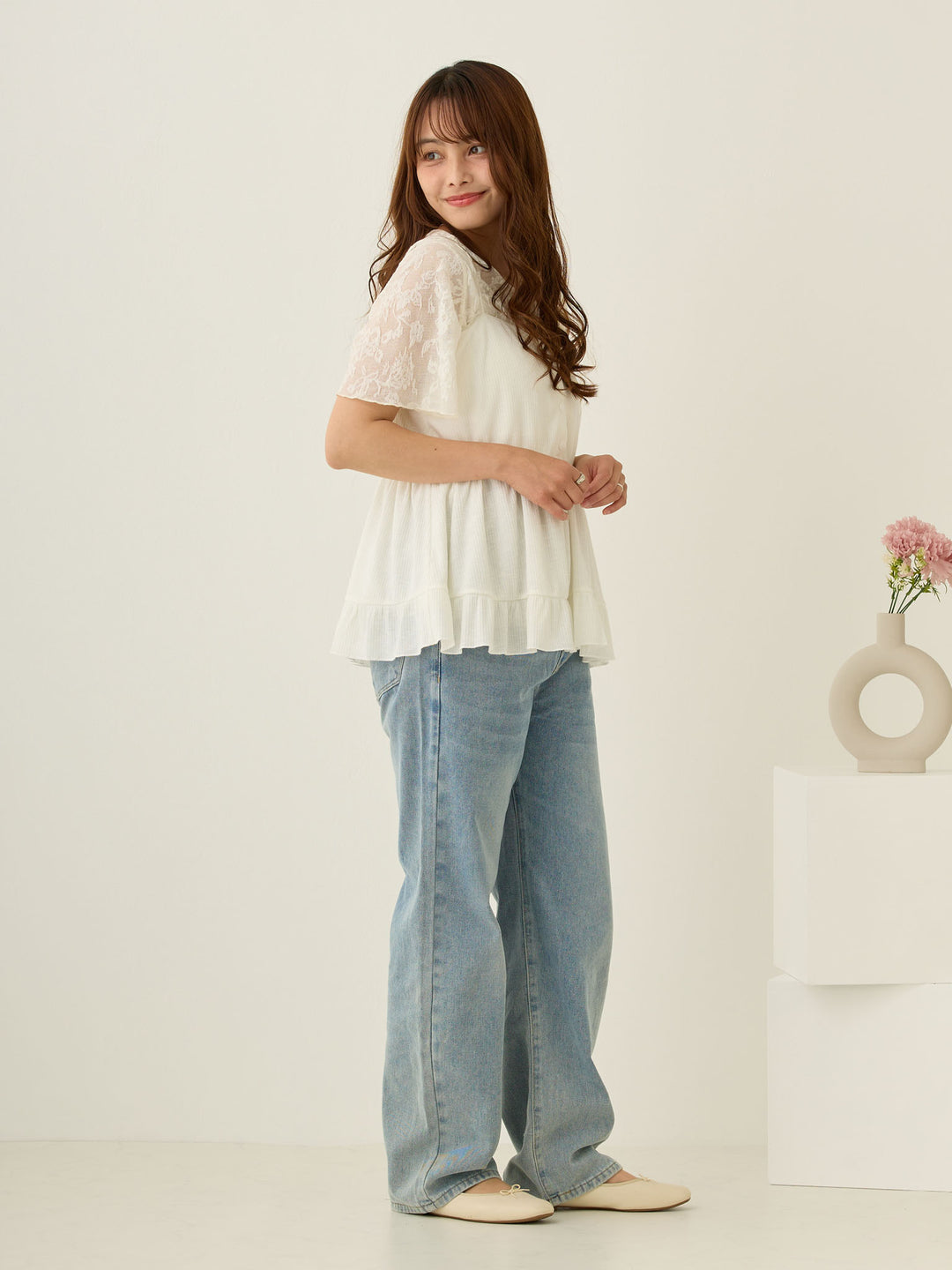 フラワージャガード半袖トップス Ivory