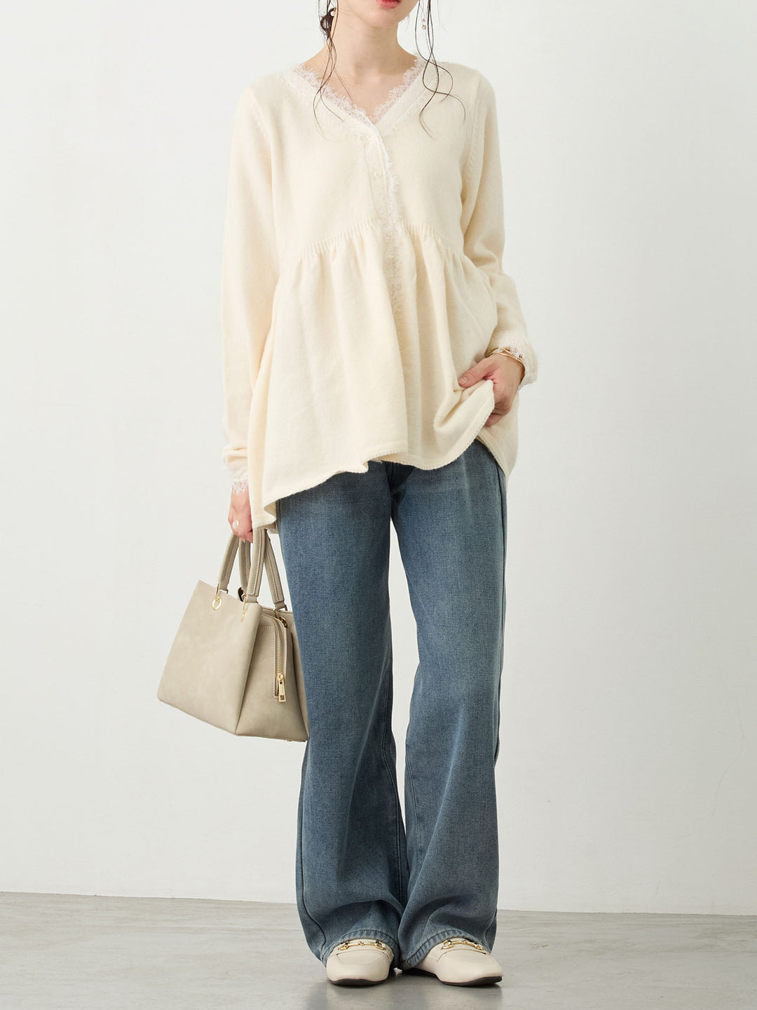 レース付きニット Ivory