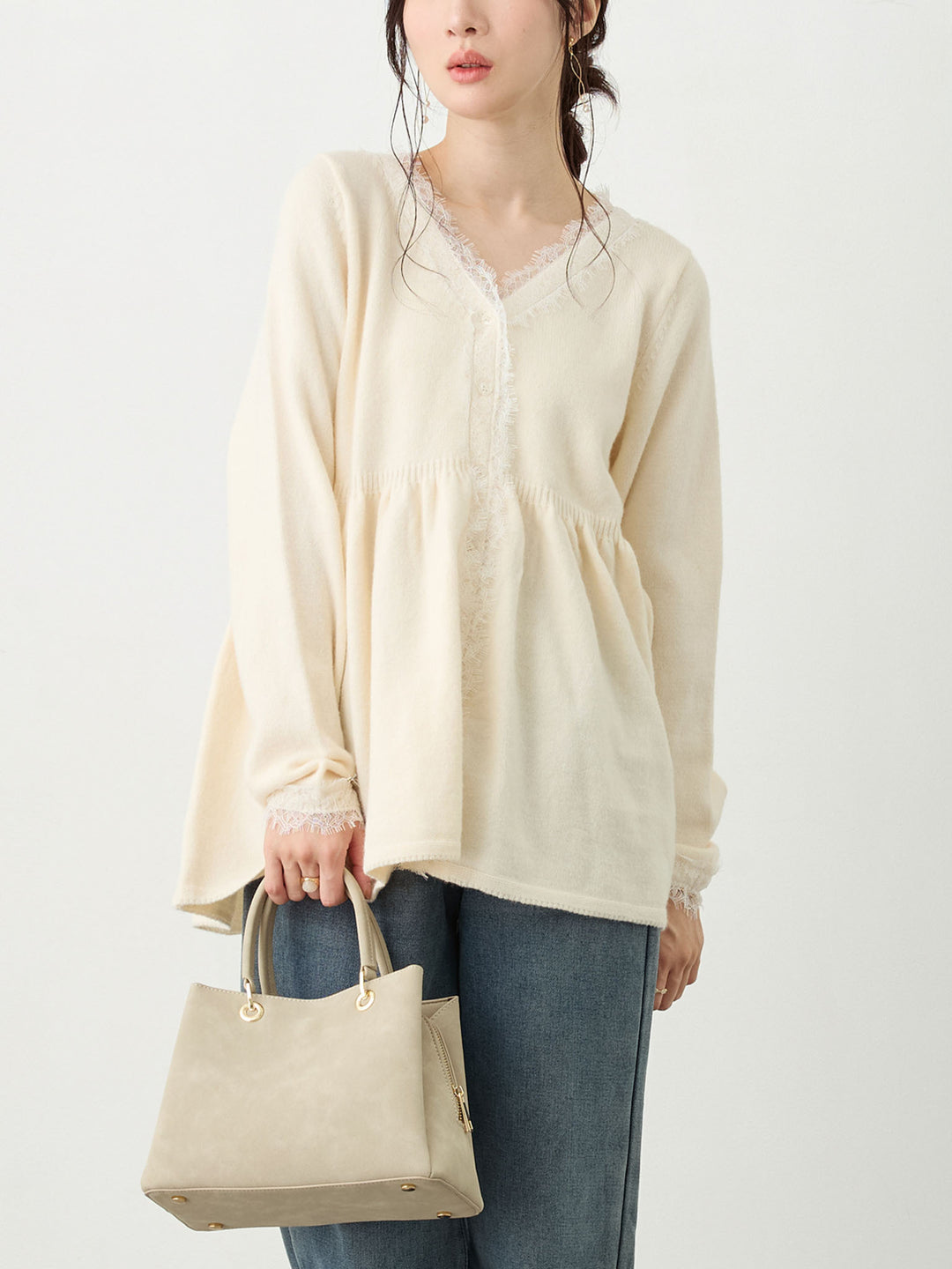 レース付きニット Ivory