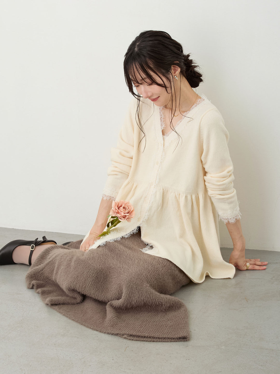 レース付きニット Ivory