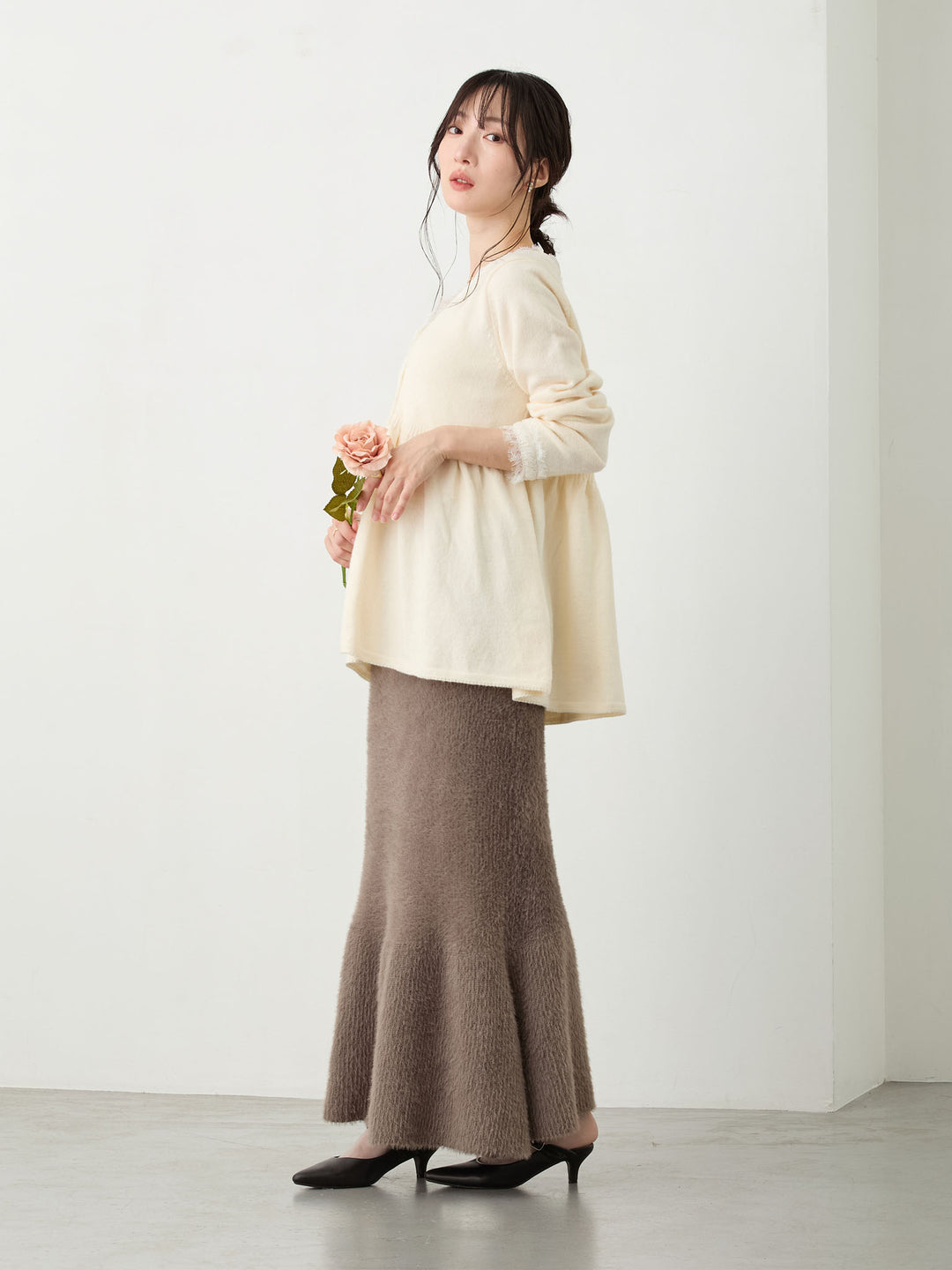 レース付きニット Ivory