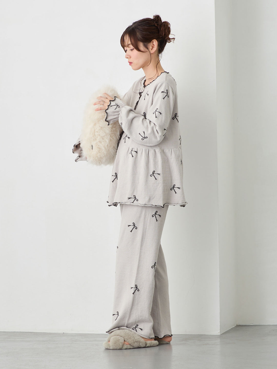 リボンふわパジャマセット Light gray
