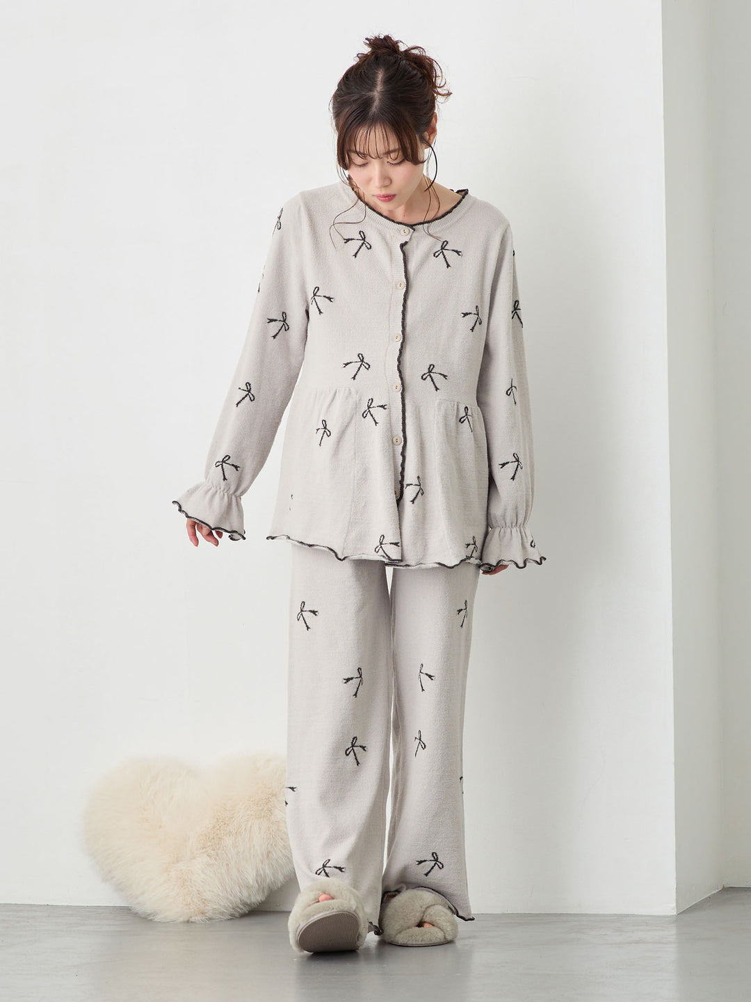 リボンふわパジャマセット Light gray