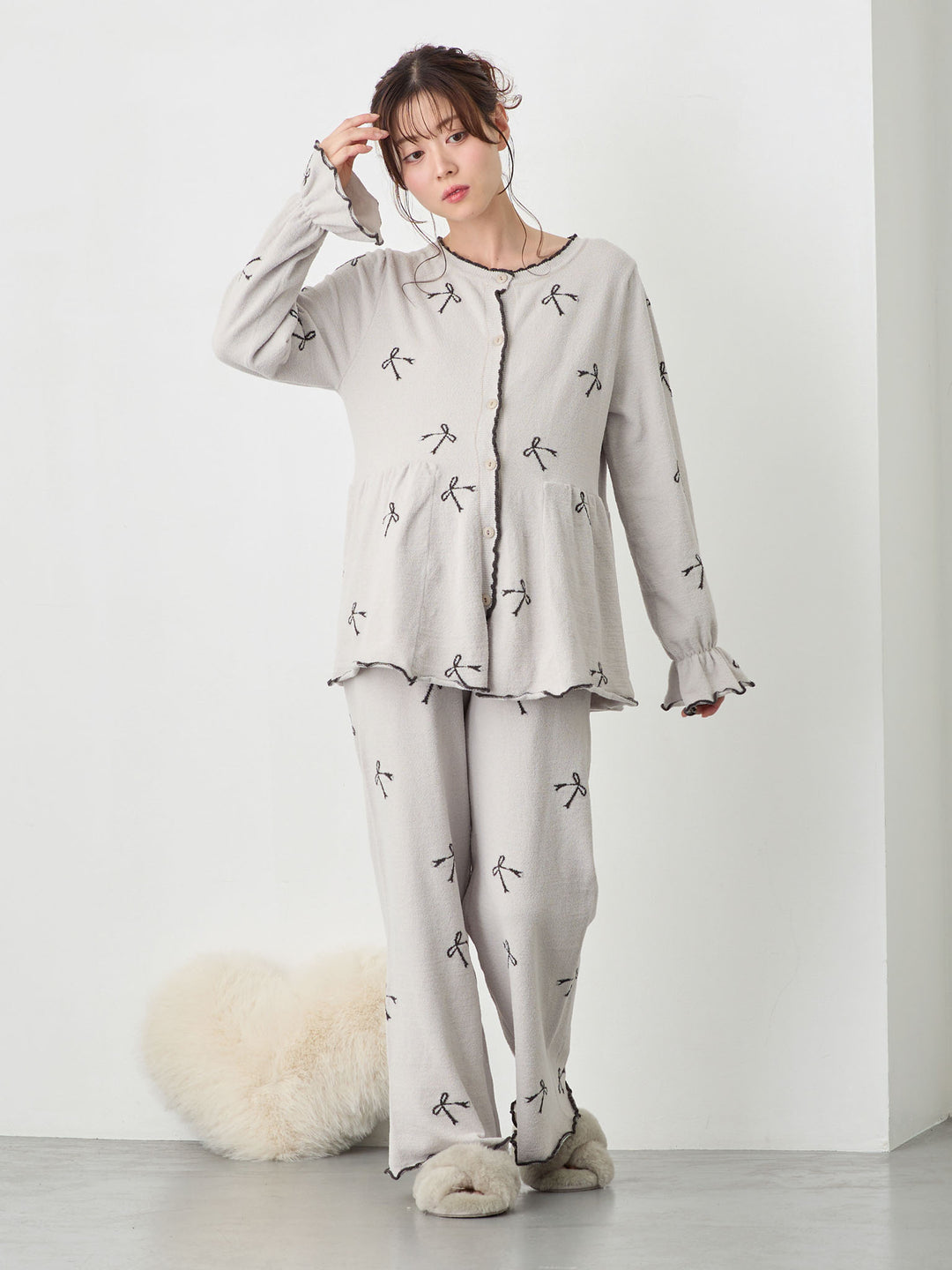 リボンふわパジャマセット Light gray